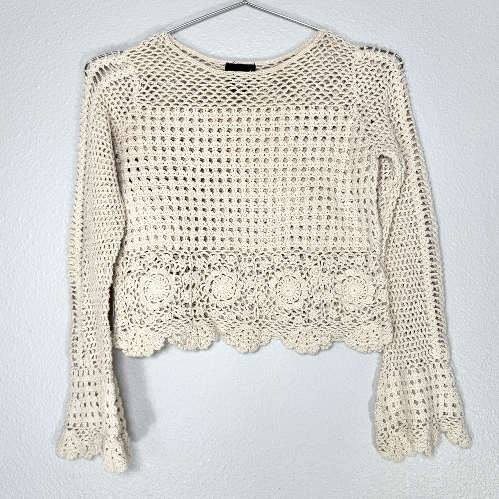 Wet Seal Crochet Sheer Knit Blouse Flared Long Sleeves